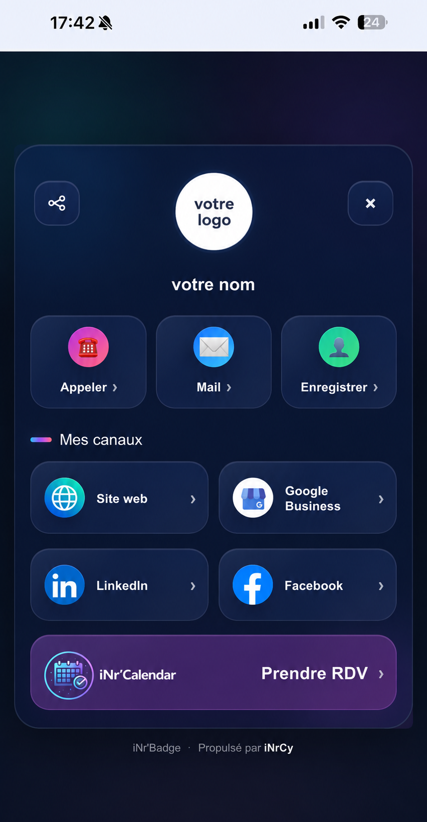 Capture d’écran de la carte de visite virtuelle iNrCy